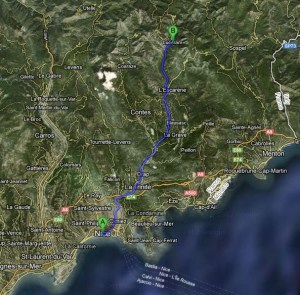 Route map to get to Lucéram from Nice