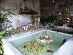 The floating crèche in the laundry trough near the Iera castle tower at the top of the village 
