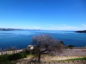 The tip of the Gulf of St Tropez viewed from the Citadel, with the Esterel monutains and the Southern Alps in the distance
