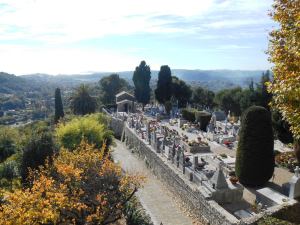 The magnificent view from Porte de Nice over the cemetery where Marc Chagall is buried, and over the Mediterranean coastline