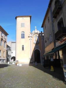 The facade of Vence's tiny cathedral